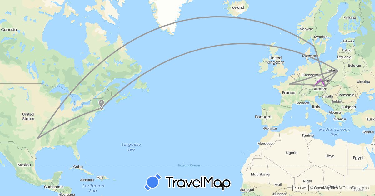 TravelMap itinerary: driving, plane, train in Austria, Czech Republic, Germany, France, Poland, Sweden, United States (Europe, North America)